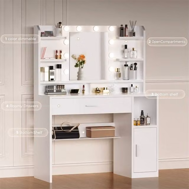 Nordara Hollywood LED Mirror Dressing Table with 8 Shelves in White