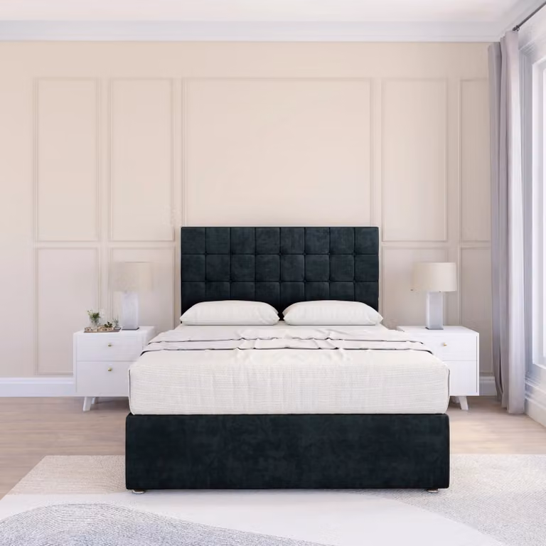 Sloomy Alabama Divan Bed Base with Floor Standing Headboard, Black Velvet Fabric, W/D: 120 x 200 cm