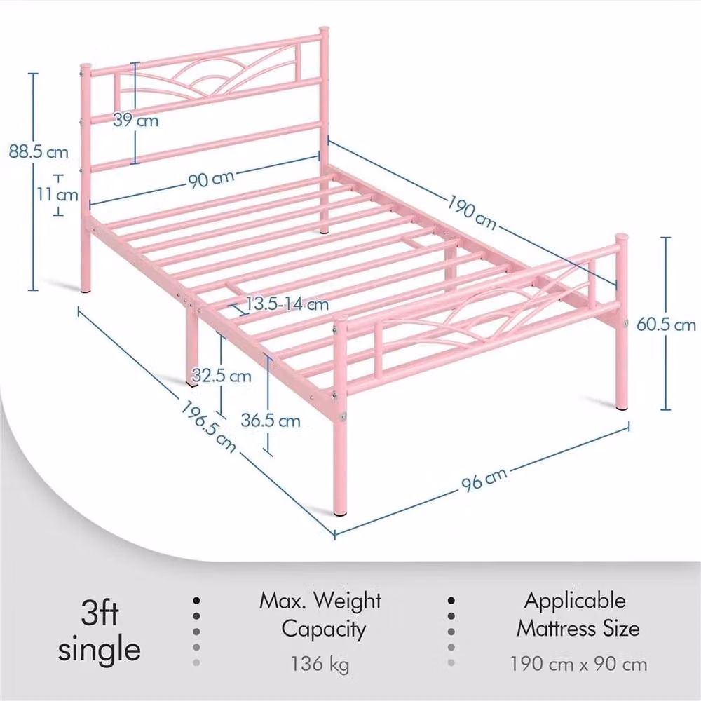 Kelvenix Metal Single Bed Frame, Pink, W/D/H: 90 x 190 x 91.44 cm – 2