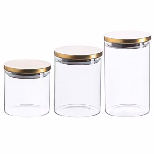 Argon Tableware Scandi Glass Storage Jar Set with Gold Metal Screw Lids and Silicone Seals, Transparent – 1