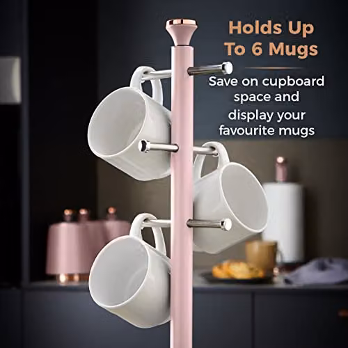 Tower Cavaletto Freestanding Mug Tree with Stainless Steel Stoppers and Anti-Slip Base, Pink and Gold, H 13.5 cm x W 13.5 cm x D 43.5 cm – 2