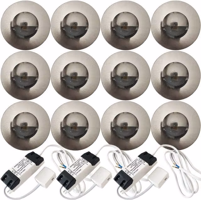 Loops Eyelid LED Plinth Light Kit with 12 Round Silver Stainless Steel Spotlights for Kitchen and Bathroom