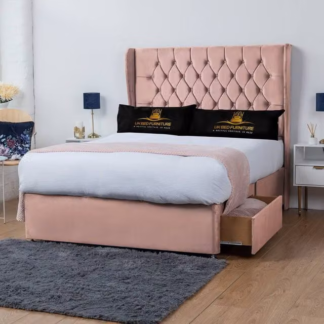 UK Bed Furniture Mary Wingback Divan Bed with 2 Drawers and 54 Inch Headboard in Pink Velvet, Size: 180 x 200 cm
