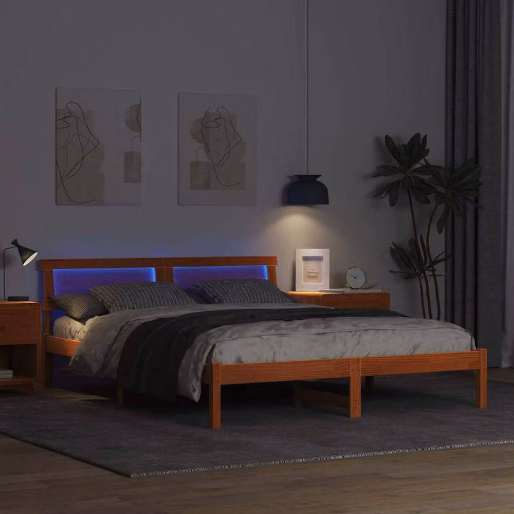 Berkfield Home Modern Pine Wood Bed with Headboard and LED Strip Lights, Wax Brown, W/D/H: 160 x 200 cm – 3