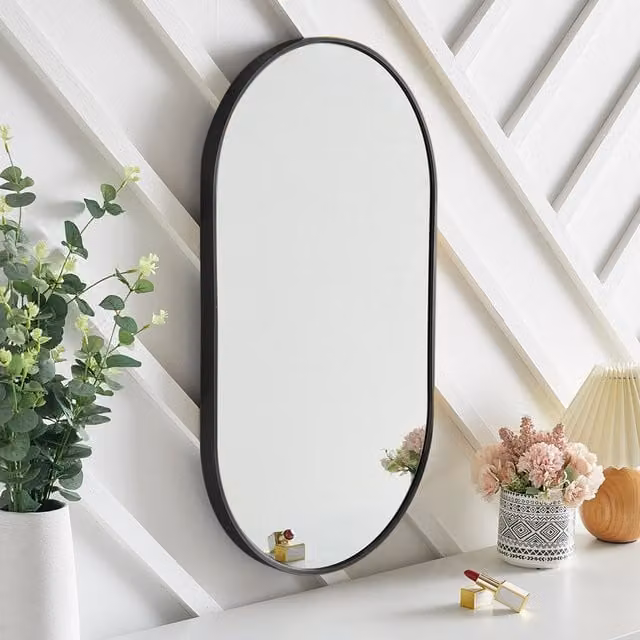 Livingandhome Minimalist Oval Glass Wall Mirror with Metal Frame in Black