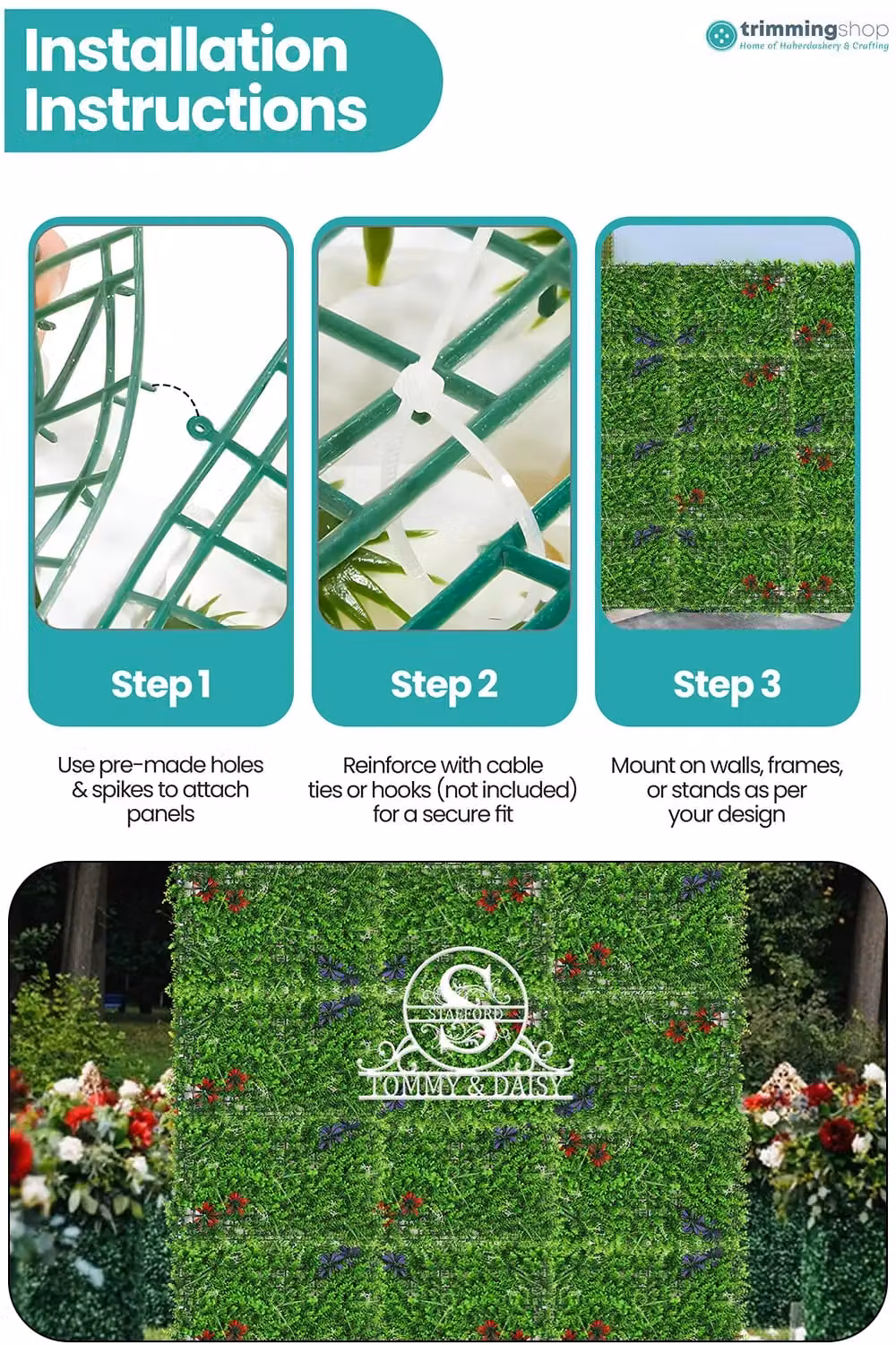 Neel Blue Artificial Green Grass Wall Panels with Floral Leaf Accents for Wedding and Party Backdrops – 4