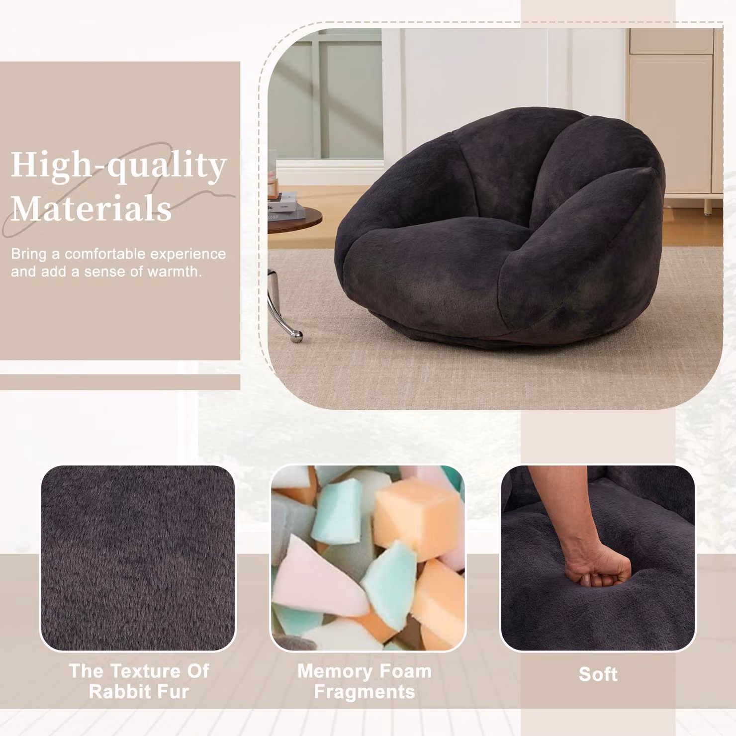Aosom UK Shell-Shaped Bean Bag Chair with Shredded Memory Foam Filling and Removable Microfibre Cover, Black, W/D/H: 90 x 100 x 57 cm – 4