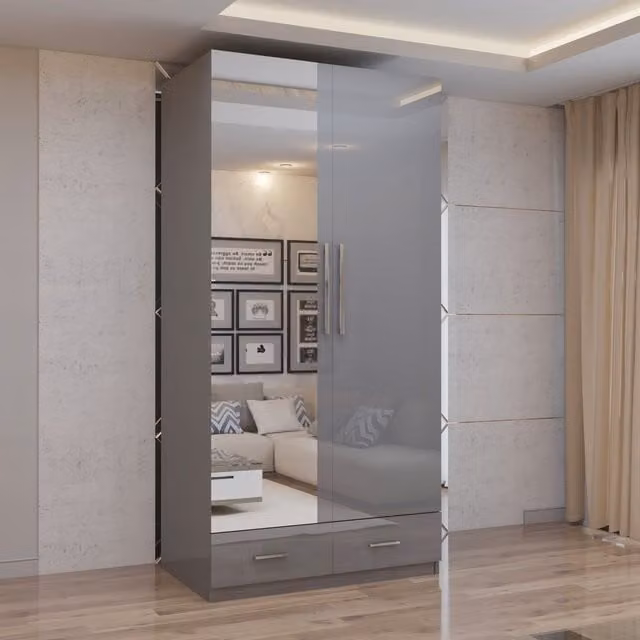 MN Furniture High Gloss 2 Door Hinged Wardrobe with Mirror and Internal Drawers in Grey, W/D/H: 90 x 50 x 200 cm