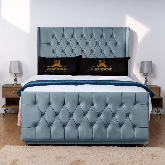UK Bed Furniture Balamore Wingback Divan Bed Base with 54 Inch Headboard in Light Blue, Size: Double, W/D/H: 140 x 200 cm