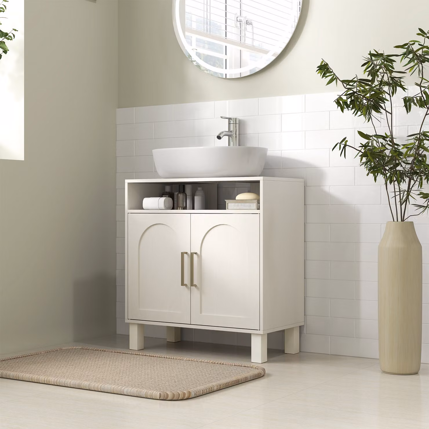 HOMCOM Under Sink Bathroom Cabinet in Cream White with Hinged Doors and Internal Shelves – 2