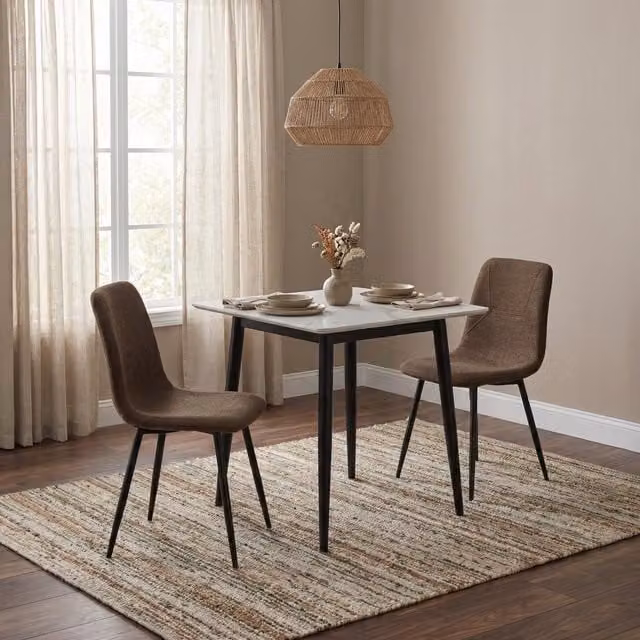 FWStyle 3 Piece Dining Set with Cream Sintered Stone Square Table and Dark Brown Chairs