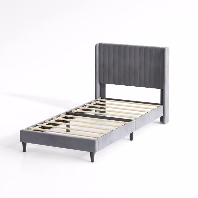 MCC Direct Charlie Velvet Upholstered Single Bed Frame with Channel Headboard in Dark Grey, W/D/H: 90 x 200 cm