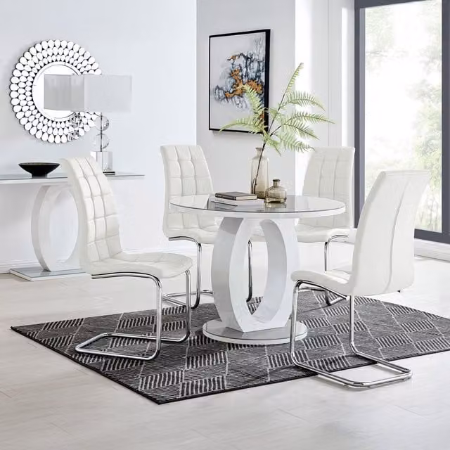 FurnitureboxUK Giovani Grey Round Glass Dining Table with 4 White Murano Chairs, Diameter: 100 cm