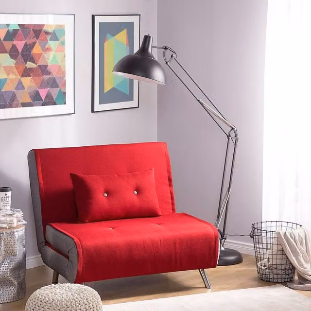 Wyld and Coco Red Fabric Single Sofa Bed with Metal Frame and Armrests – 1