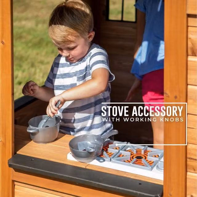 Backyard Discovery Sweetwater Cedar Wood Playhouse with Play Kitchen in Tan