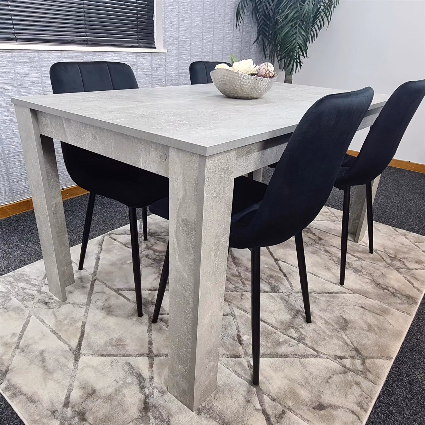 KOSY KOALA Modern Dining Table Set with 4 Black Velvet Chairs, Stone Grey Effect Wood Table and Brown Accents, W/D/H: 117 x 77 x 75 cm – 4