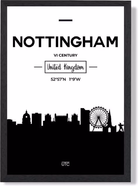 ARTZE Nottingham Black and White City Skyline Framed Print, A4, W: 21.0 cm x H: 29.7 cm