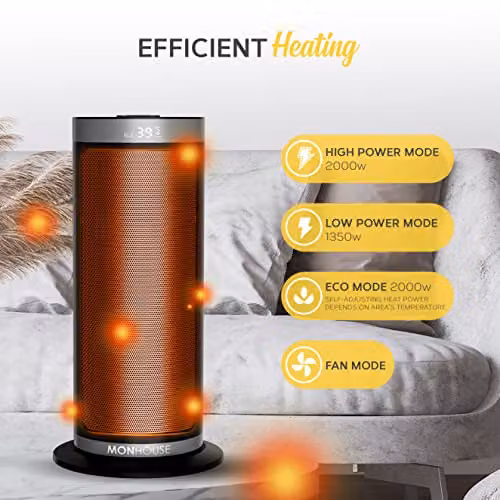 MONHOUSE 2000W Energy Efficient PTC Ceramic Portable Fan Heater with Remote Control and 12H Timer, Grey – 6
