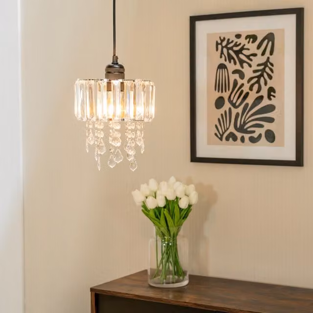 ValueLights Mabel Clear Acrylic Jewel Droplet Drum Ceiling Light Shade with LED Bulb in White and Transparent