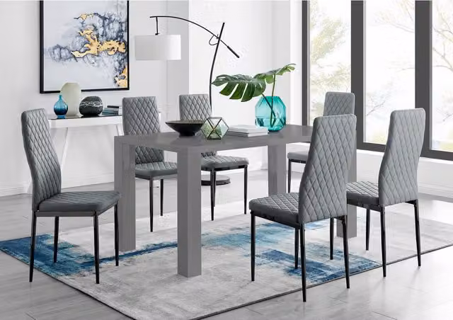 FurnitureboxUK Pivero Grey Rectangular Dining Table and 6 Milan Black Leg Chairs Set