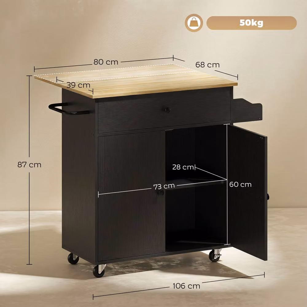HOMCOM Black Kitchen Island with Drop Leaf and Rolling Storage Trolley – 2