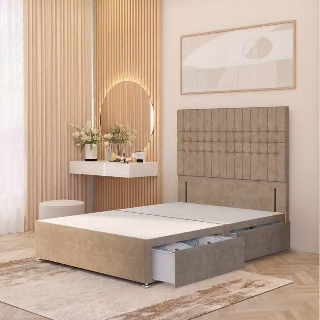 Somnior Beds Ltd Lexington Single Divan Bed Base with 54 inch Floor Standing Headboard in Beige Plush Velvet with Drawers W/D/H: 90 x 190 x 34.5 cm
