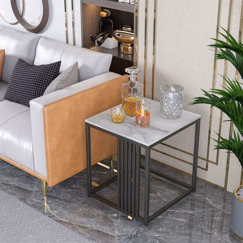 KORVIXA Minimalist Square Ceramic and Stone Side Table in White – 4