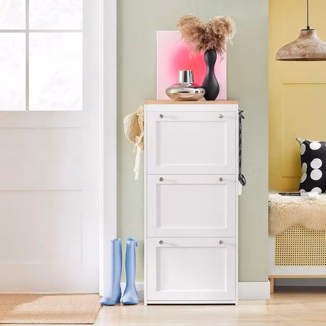 SoBuy Modern Slim White Shoe Storage Cabinet with Tilting Compartments and Hinged Doors