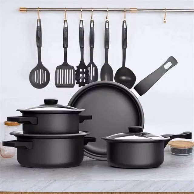 Nordara 13-Piece Non-Stick Cookware Set with Glass Lids in Black