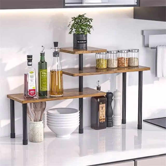 VOGREX 3-Tier Wooden Kitchen Corner Shelf Countertop Organizer Rack in Brown