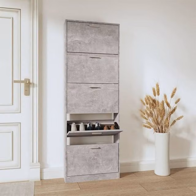 Berkfield Home Modern Shoe Cabinet in Concrete Grey, W/D/H: 59 x 17 x 169 cm