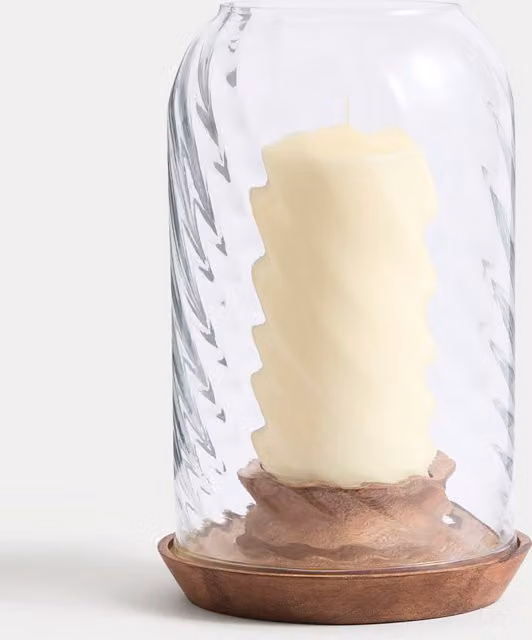 M&S Classic Round Glass and Wood Pillar Candle Holder in Transparent