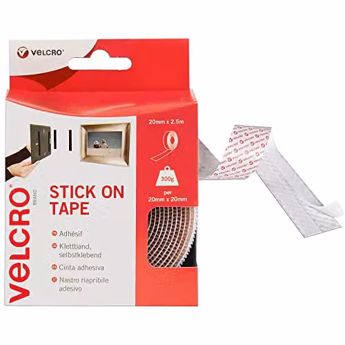 VELCRO Brand Double Sided Stick On Hook and Loop Self Adhesive Tape, White, Width: 20 mm, Length: 2.5 m