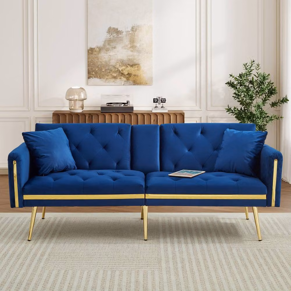 ModernLuxe Blue Velvet 2-Seater Convertible Sofa Bed with Adjustable Headrest and Cup Holders, W/D/H: 140 x 190 x 76 cm – 9