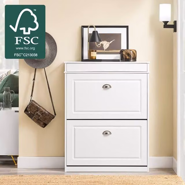 SoBuy Modern White Slim Shoe Cabinet with Tilting Compartments and Internal Shelves