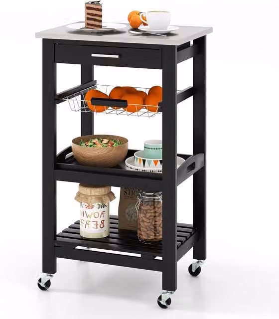 Costway Rolling Kitchen Storage Trolley Cart Cupboard Island in Black