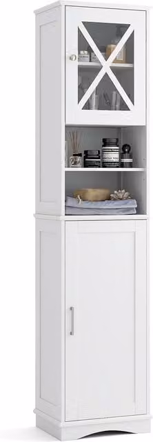 Gymax White Corner Bathroom Cabinet with 2 Hinged Doors and Internal Shelves, Height: 170 cm