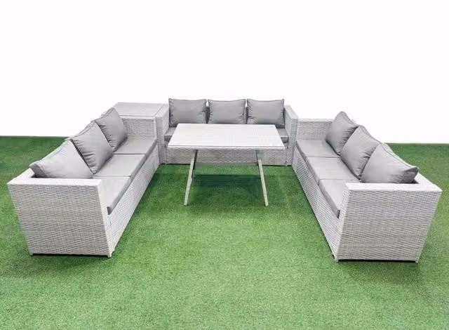 Fimous 9 Seat PE Rattan Garden Furniture Set with Side Table in Light Grey