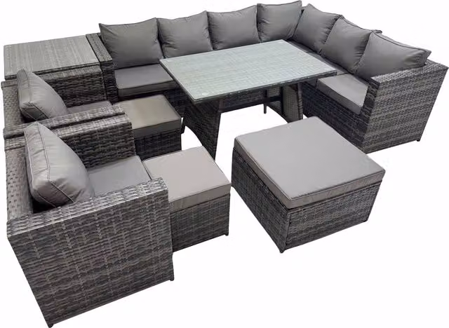 Fimous 11-Seater Rattan Garden Furniture Set with Rectangular Tempered Glass Dining Table in Dark Grey Mixed