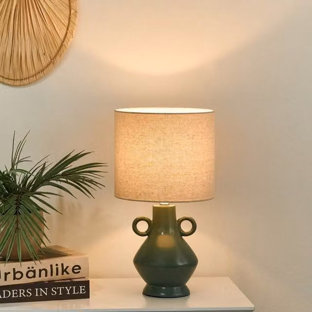 Wyld and Coco Green Ceramic Table Lamp with Beige Fabric Shade – 1