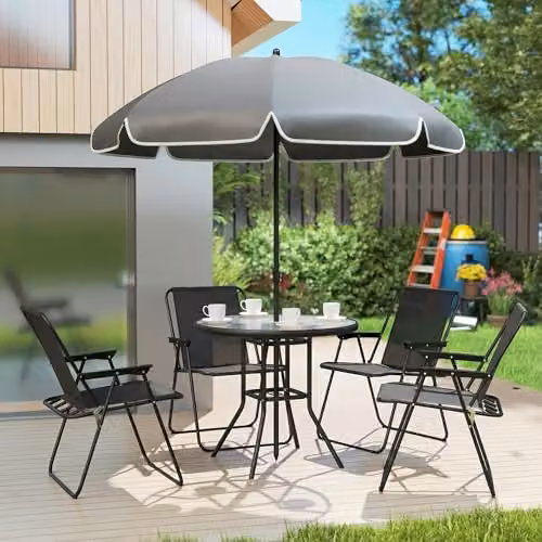 Outsunny 6 Piece Garden Furniture Set with Round Glass Table and Folding Chairs in Black – 5