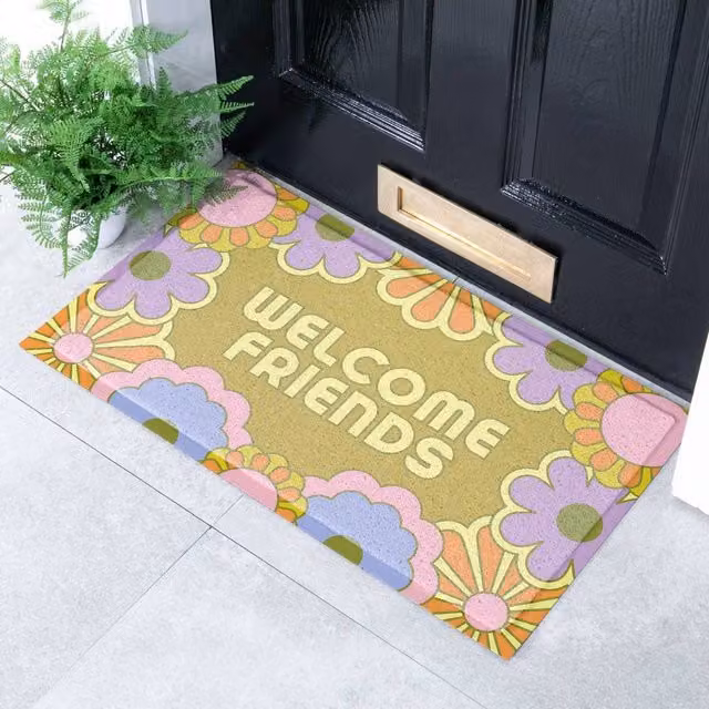 Artsy Mats Elizabeth Olwen Welcome Friends Indoor/Outdoor Doormat, Yellow/Multicolour, W: 70 cm, D: 40 cm