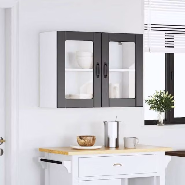 Berkfield Home Lucca Black Wall Mounted Kitchen Cabinet with Glass Doors and Internal Shelves, W/D/H: 60.0 x 25.0 x 80.0 cm