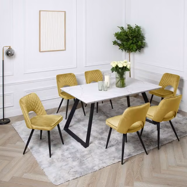 Home Garden Direct Venice Dining Set with Rectangular Marble-Effect Table and 6 Upholstered Chairs in Yellow
