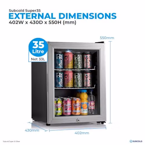 Subcold Super35 LED Mini Fridge in Silver, 35L Compressor Fridge with Lockable Glass Door – 7
