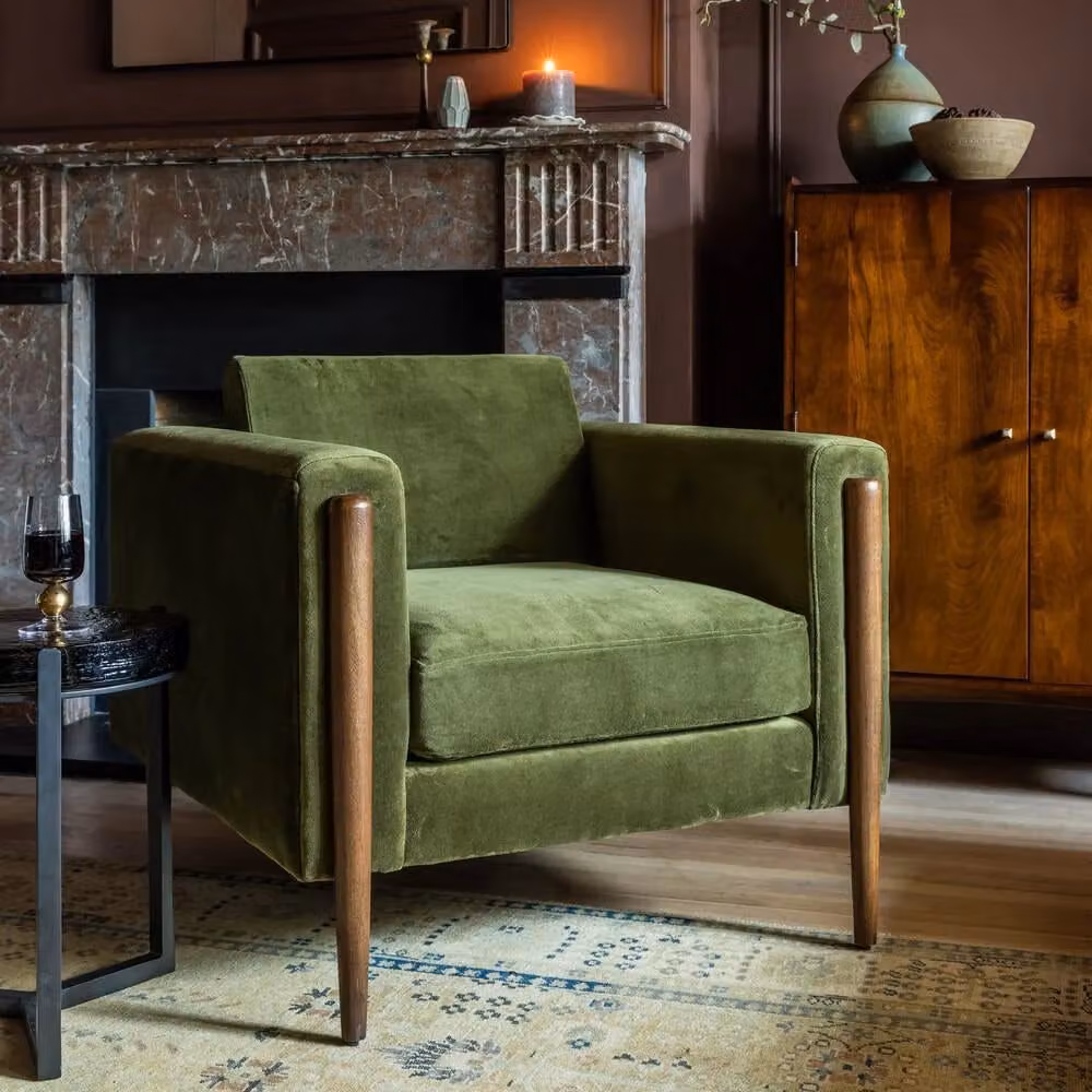 Atkin & Thyme Lexington Armchair in Green and Brown Velvet with Mango Wood Frame