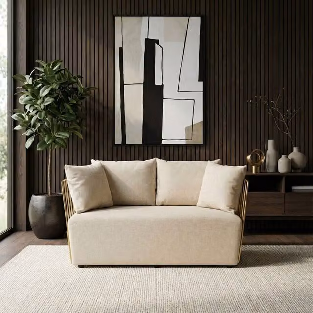 Orsina 2 Seat Art Deco Fabric Sofa with Gold Metal Frame and White Scatter Cushions – 2