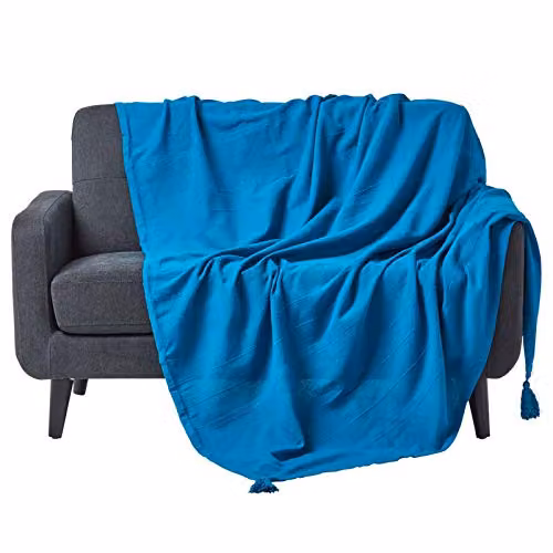Homescapes Rajput Ribbed Cotton Throw, Petrol Blue, W: 225 cm, D: 255 cm – 1
