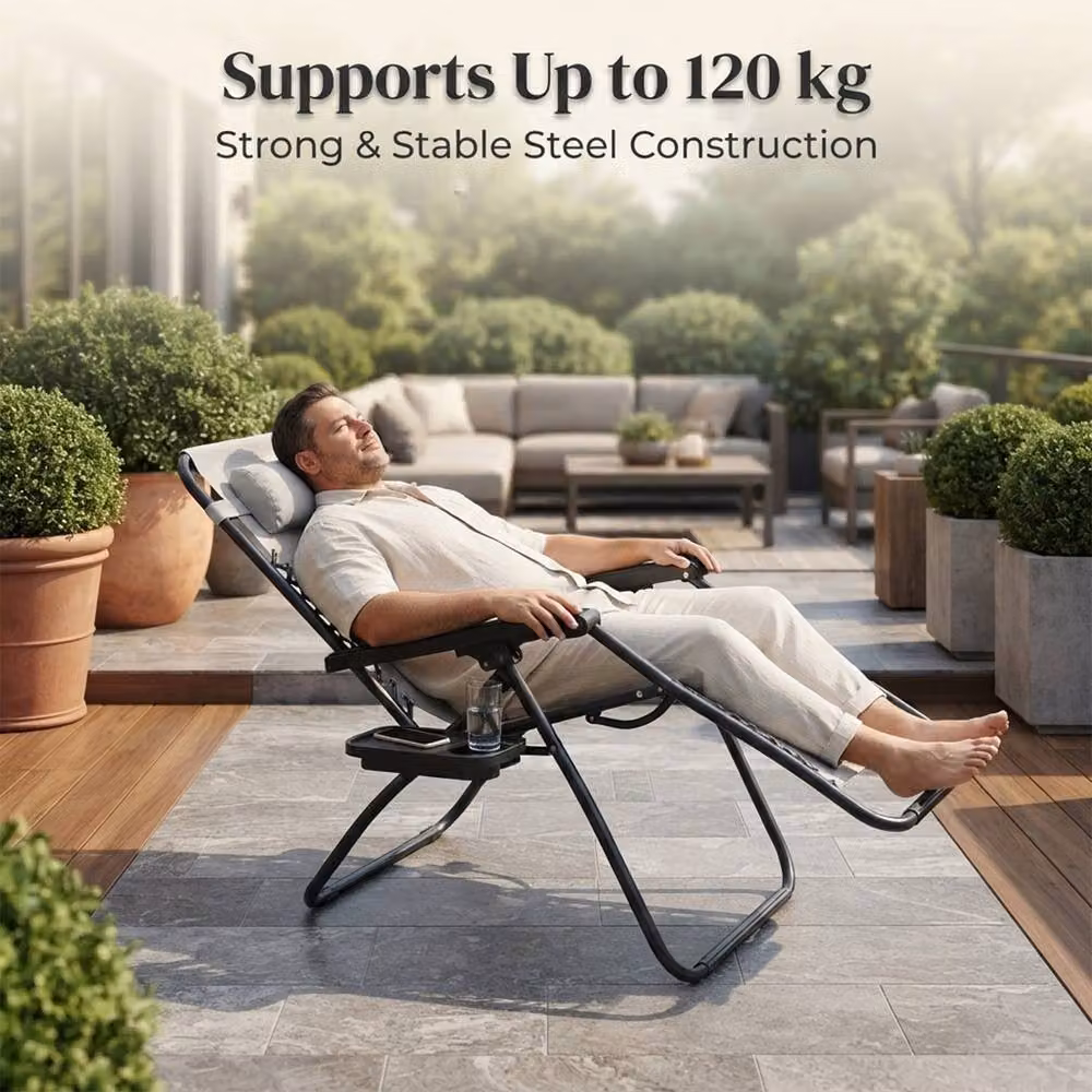Alivio Set of 2 Heavy-Duty Zero Gravity Reclining Sunloungers in Light Grey with Adjustable Headrests and Cup Holders – 2