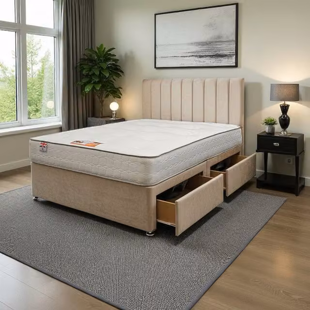 Knight Sleep Paris Plush Double Bed Set with Mattress and 2 Drawers in Cream and Beige